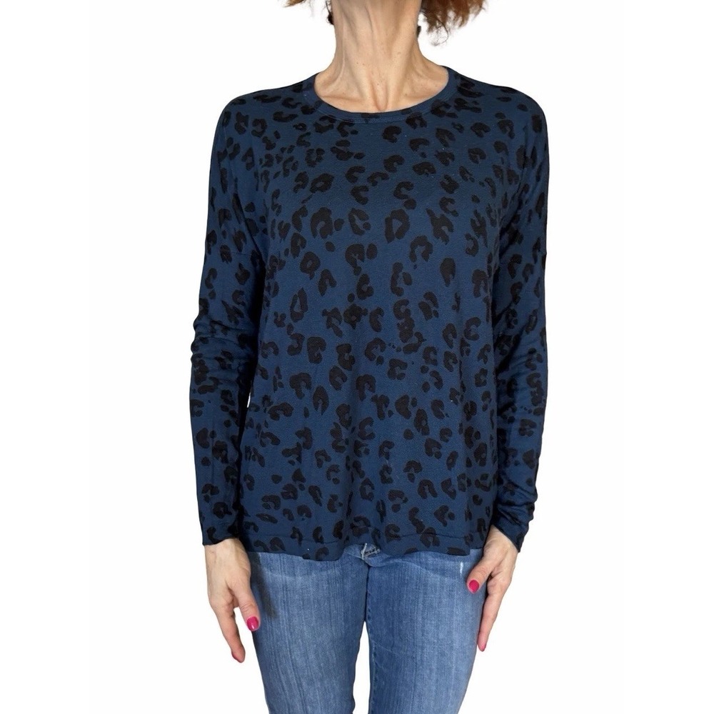 Kokun Sweater Top Crew Neck Long Sleeve Blue‎  Leopard Cashmere Bamboo Soft  M/L